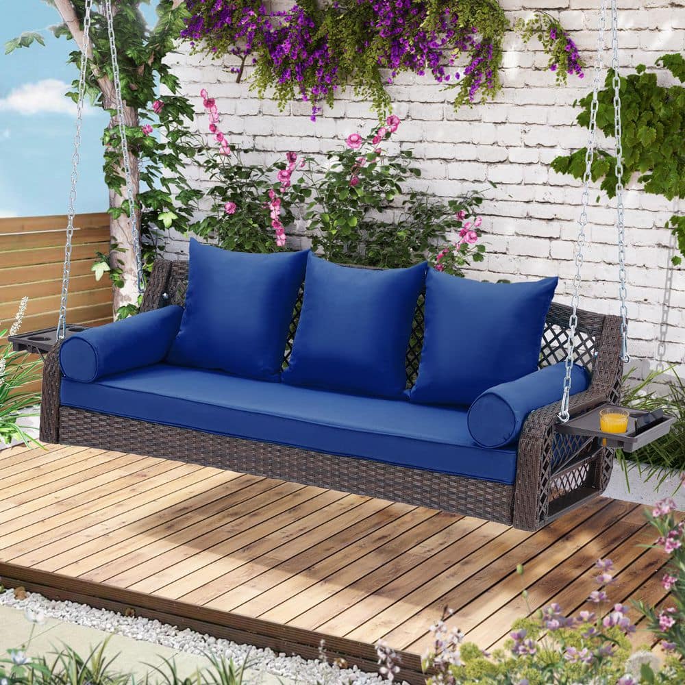 3-Person Brown Wicker Porch Swing with Chains Cup Holders and Blue Cushions