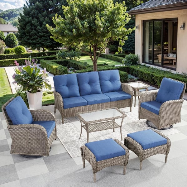 moosprr Flatarmrest 7-Piece Gray Wicker Patio Conversation Set with Olefin Blue Cushions Sofa/Patio Swivel Glider Chairs