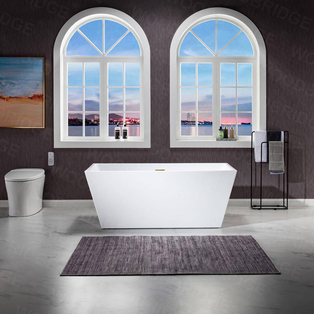59'' White Acrylic Freestanding Rectangular Bathtub with Brushed Gold Trim