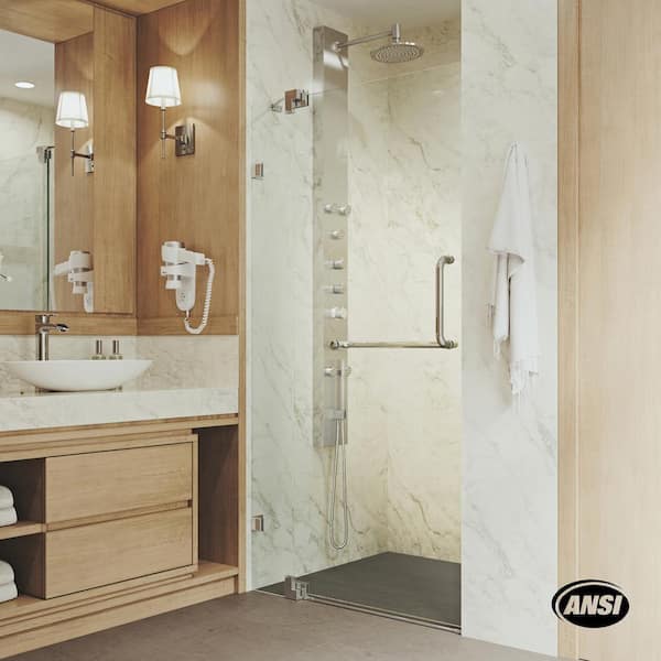 VIGO Pirouette 30 to 36 in. W x 72 in. H Pivot Frameless Shower Door in Chrome with 3/8 in. (10mm) Clear Glass