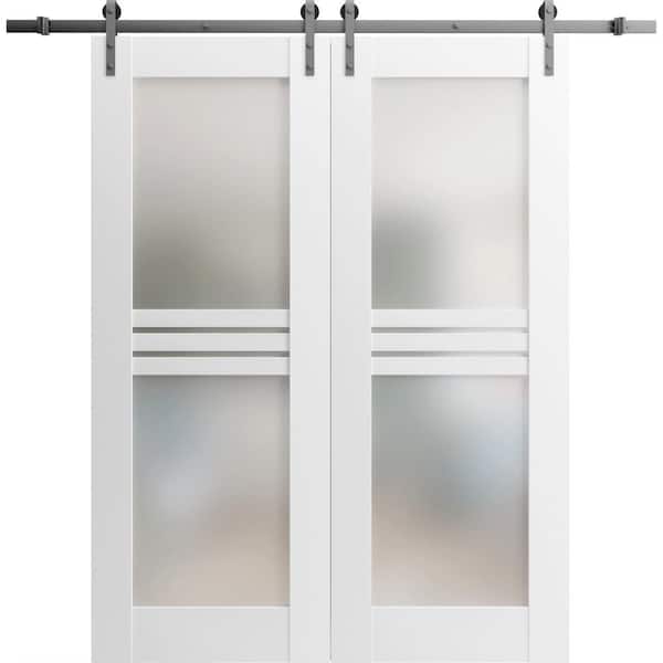 VDOMDOORS 28 in. x 96 in. 2 Panel Frosted Glass White Solid MDF Sliding Barn Door with Hardware Kit