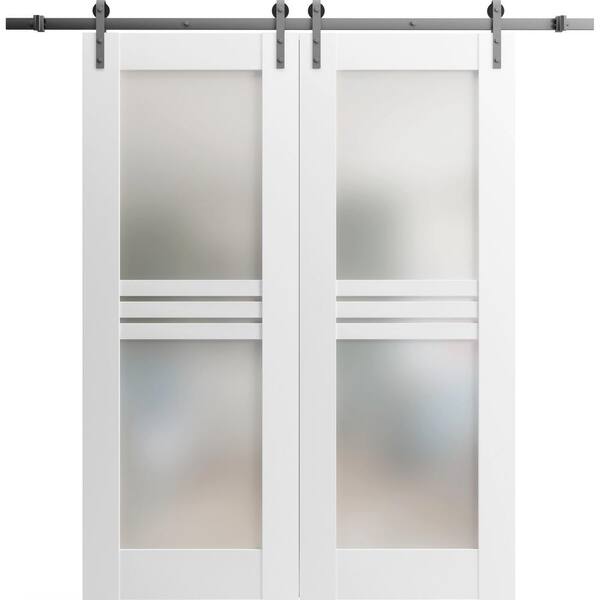 VDOMDOORS 42 in. x 80 in. 2 Panel Frosted Glass White Solid Wood Sliding Barn Door with Hardware Kit