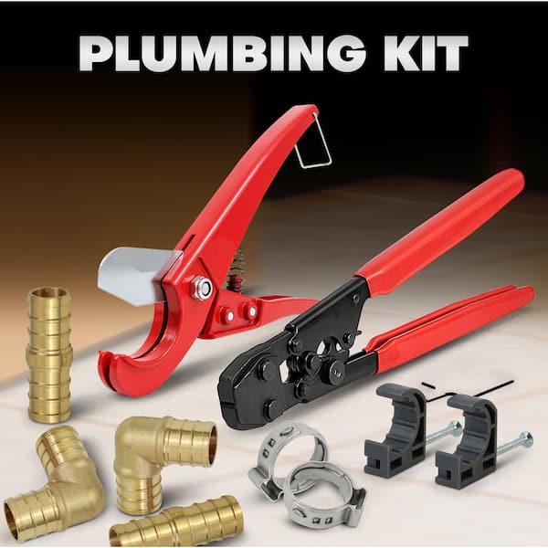 PEX Plumbing Kit - Crimper, Cutter Tool with Lock Hook, 1/2 in. Elbow Cinch and Half Clamp PEX Plumbing Kit - Crimper, Cutter Tool with Lock Hook, 1/2 in. Elbow Cinch and Half Clamp