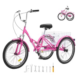 Folding Adult Tricycle 26 in. Adult Folding Trikes Carbon Steel 3 Wheel Cruiser Bike Foldable Tricycles, Pink