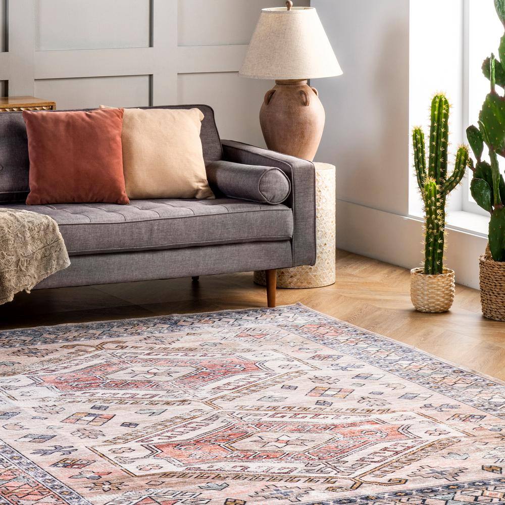 Mae Peach and Ivory Tribal Motif Machine Washable 3' x 5' Area Rug