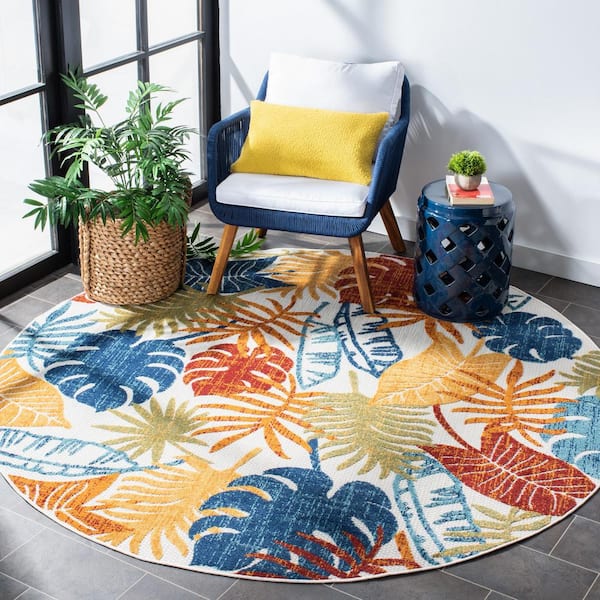 Cabana Cream/Red 4 ft. x 4 ft. Geometric Leaf Indoor/Outdoor Patio  Round Area Rug