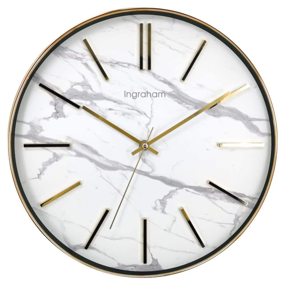 Analog 14" Gold & White Marble Wall Clock with Quartz Accuracy- Model# 60003