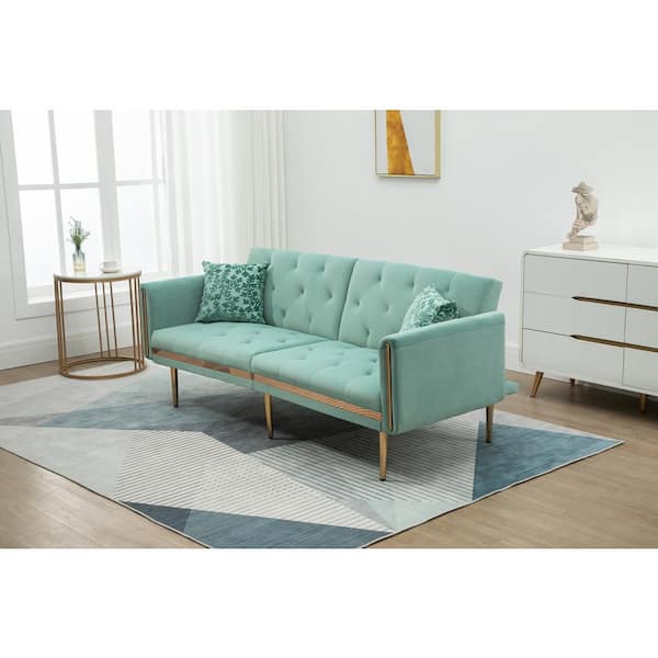 GODEER 73 in. W Rolled Arm Velvet Straight Three Seat Sofa with Metal Feet in Mint Green