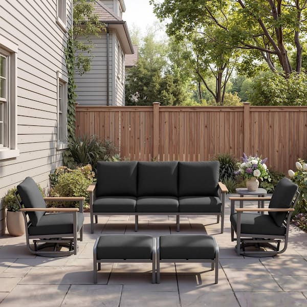 6-Piece Aluminum Patio Conversation Set with 3-Seat Sofa, 2 Swivel Rockers, End Table and 2 Ottomans, Dark Gray Cushions