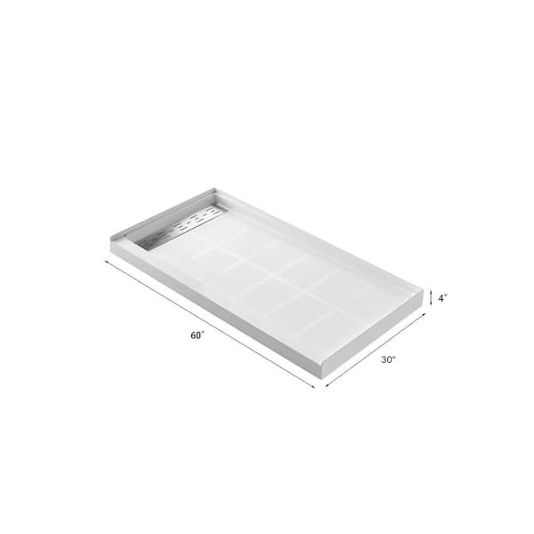 KW 60 in. L x 30 in. W Alcove Solid Surface Shower Pan Base with Left Drain in White with Brushed Nickel Cover