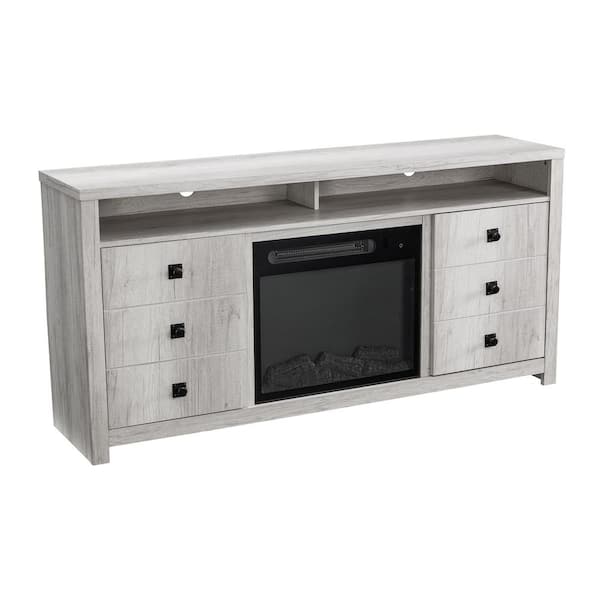 77 in. Freestanding Electric Fireplace TV Stand in Saw Cut Off White