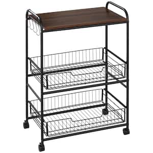 Walnut Kitchen Cart with 2-Basket Drawers and 3-Tier