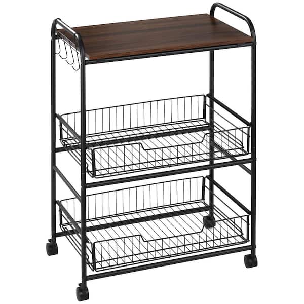 HOMCOM Walnut Kitchen Cart with 2-Basket Drawers and 3-Tier
