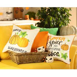 Decorative Fall Thanksgiving Throw Pillow Cover Halloween & Pumpkins 18 in. x 18 in. Orange & Green Square Set of 4