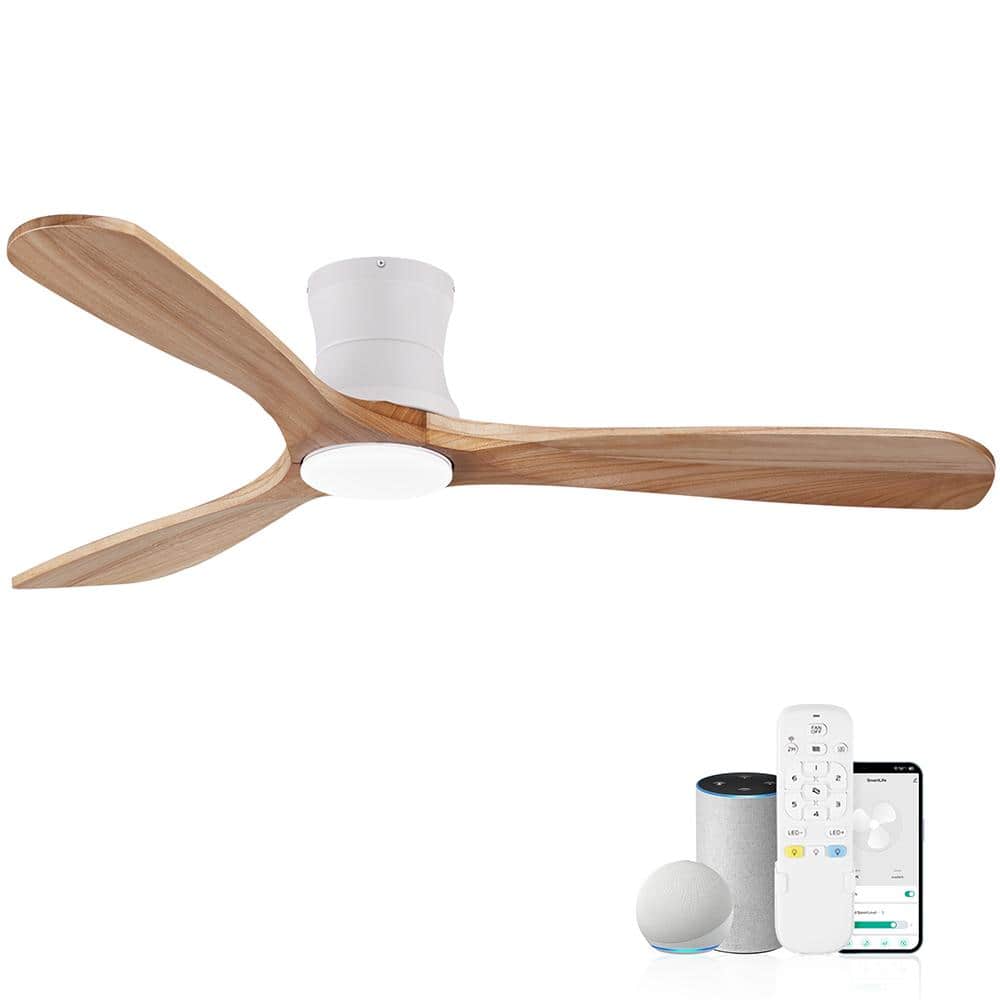 52 in. WiFi Enabled White Wood Brown Flush Mount Standard Ceiling Fan with 3CCT Dimmable LED Light and Smart Control price history on PriceWatchPro