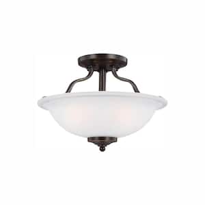 Emmons 13 in. 2-Light Bronze Traditional Transitional Semi-Flush Mount with Satin Etched Glass Shade and LED Bulbs