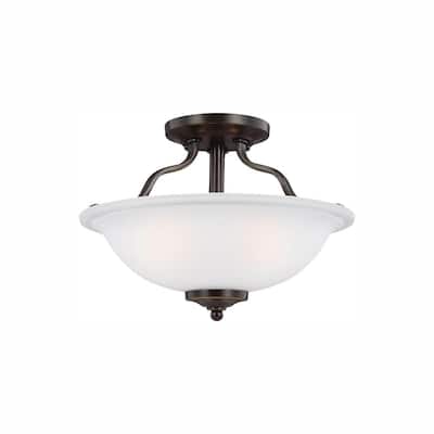 Emmons 13 in. 2-Light Bronze Traditional Transitional Semi-Flush Mount with Satin Etched Glass Shade and LED Bulbs