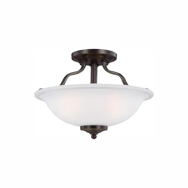 Generation Lighting Emmons 13 in. 2-Light Bronze Traditional Transitional Semi-Flush Mount with Satin Etched Glass Shade and LED Bulbs