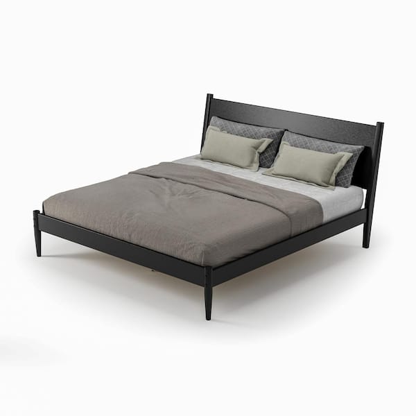 Mid-Century Black Solid Wood Frame King Size Panel Platform Bed