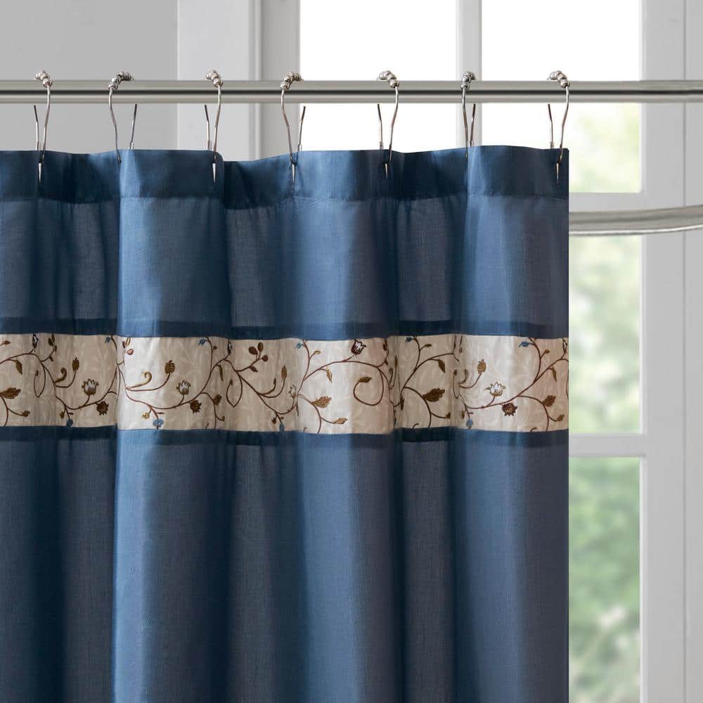 Navy Faux Silk Embroidered Floral Shower Curtain
