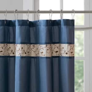 Belle Navy 72 in. Faux Silk Embroidered Floral Shower Curtain