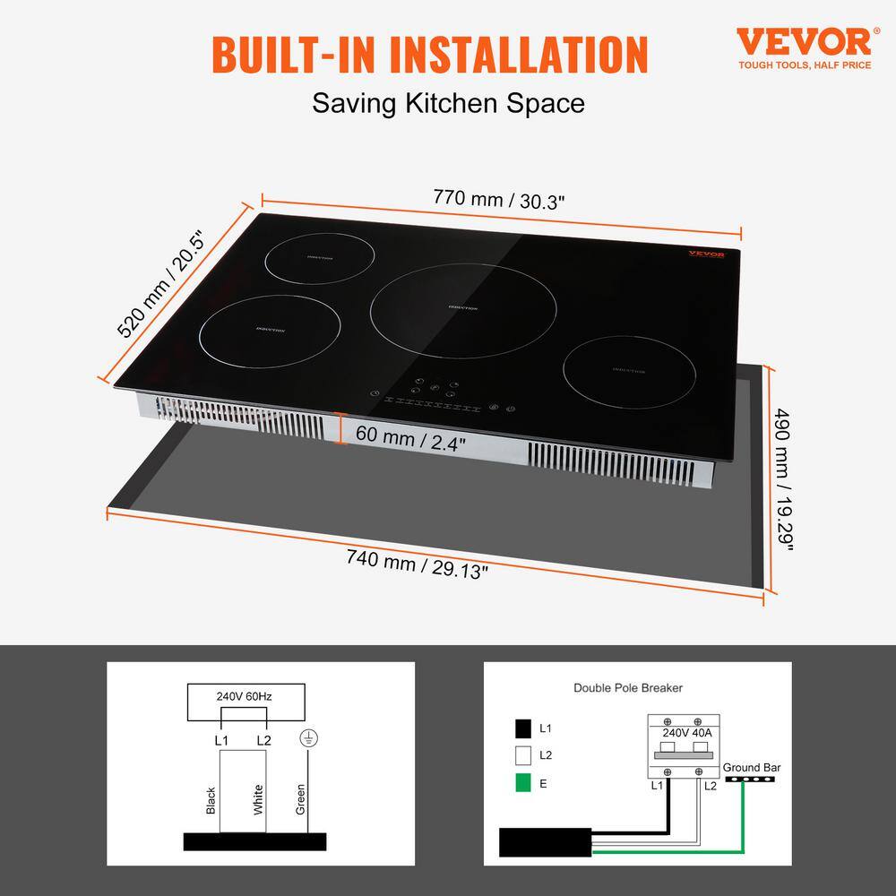 VEVOR 30'' Black Stainless Steel 4 Burner Induction Cooktop