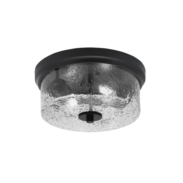 Unbranded Ashland 12 in. 2 Light Matte Black Flush Mount with Smoke Bubble Glass Shade No Bulbs Included