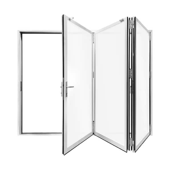 96 in. x 96 in. White Left to Right/Outswing Aluminum Folding Patio Door with Double Tempered Low-E Glass and Lock Set