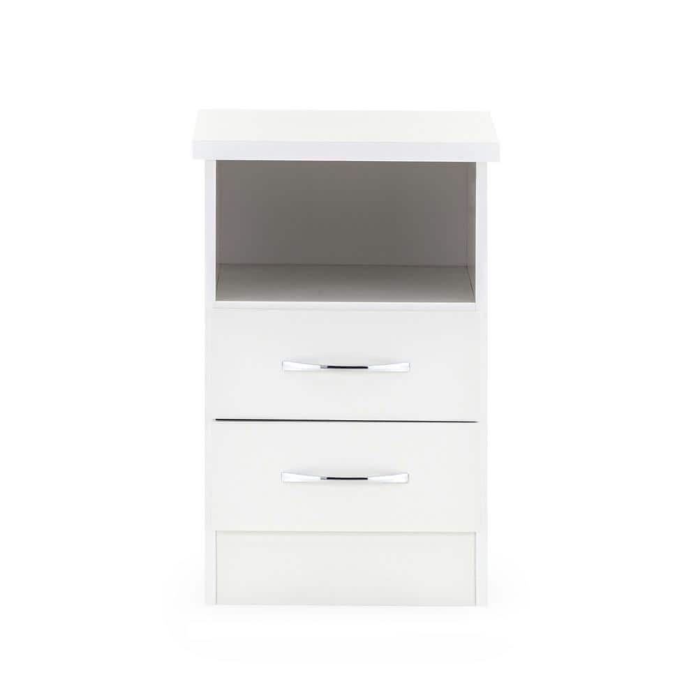 White Engineered Wood Modern 2-Drawer Nightstand with Open Shelf