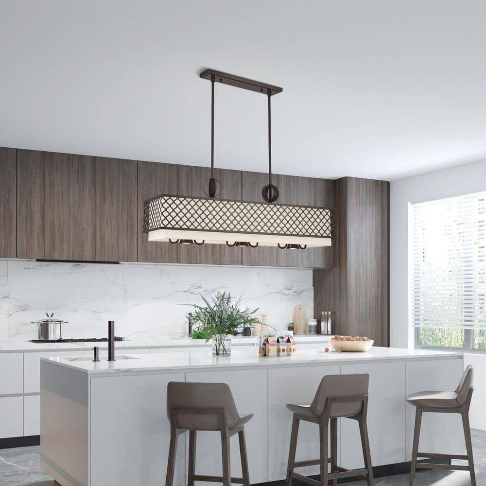 Arabesque English Bronze 9-Light Linear Chandelier with Fabric Shades