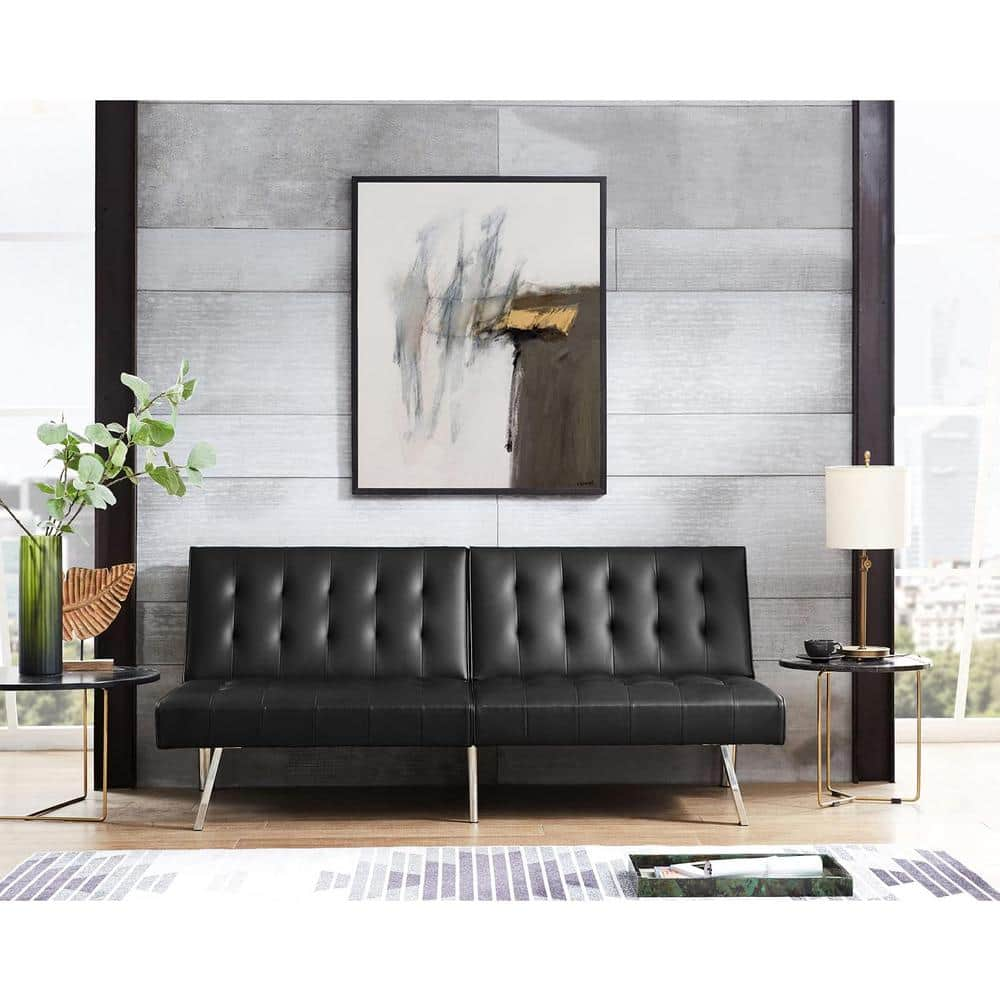 HOMESTOCK Black, Linen Tufted Split Back Futon Sofa Bed, Couch Bed ...