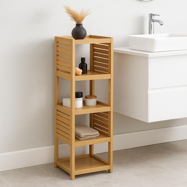 Trinidad 14.50 in. W x 11.12 in. D x 42.12 in. H Bamboo Brown MDF Floor Linen Cabinet Free Standing 4 Shelves