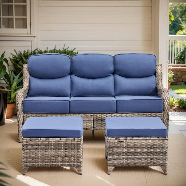 Arcadia 3-Piece Gray Wicker Outdoor 3-Seat Couch with High Curved Back and 6 in. Thick Navy Blue Cushions and Ottomans