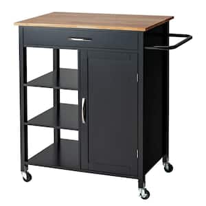 Black Rolling Kitchen Cart with Adjustable Shelf and Rubber Wood Top