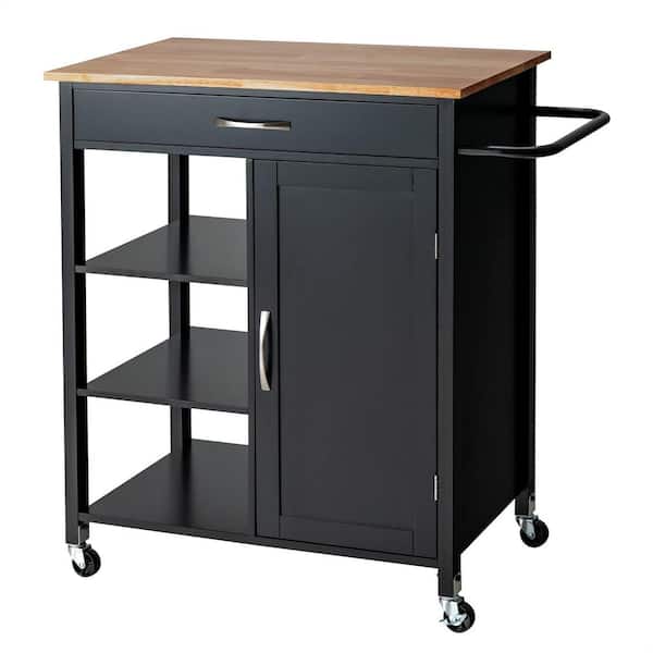Bunpeony Black Rolling Kitchen Cart with Adjustable Shelf and Rubber Wood Top