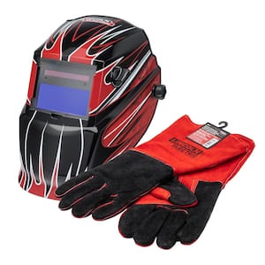 Auto-Darkening Welding Helmet with Variable Shade Lens No. 7-13, Red Fierce Design and Premium Leather Welding Gloves