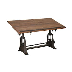 62 in. Rectangle Brown Teak Wood Drafting Style Desk with Tilting Top and Crank Shaft Height Adjustment