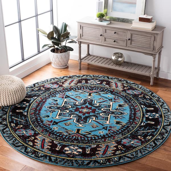 Vintage Hamadan Light Blue/Black 3 ft. x 3 ft. Floral Border Round Area Rug