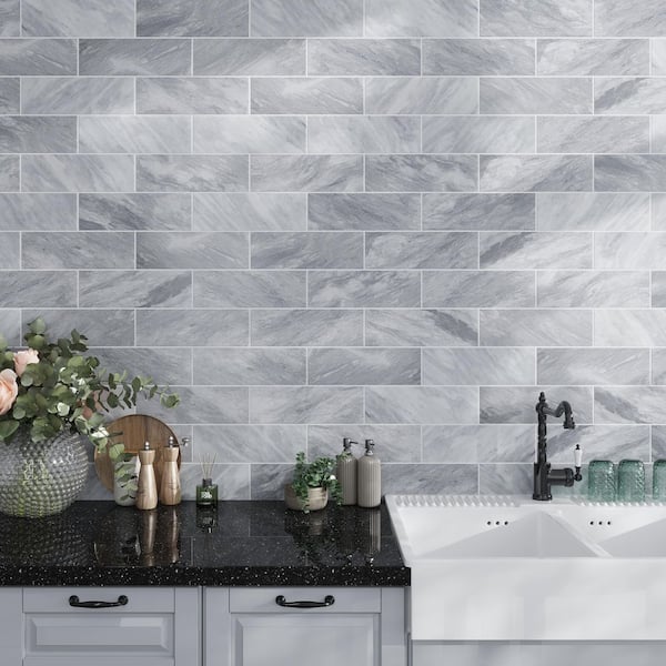 Grandis Gray 4 in. x 12 in. Honed Bardiglio Nuvolato Marble Subway Wall and Floor Tile (5 sq. ft./case) 15-Pack
