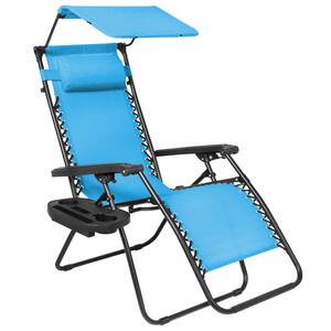 Zero Gravity Folding Reclining Light Blue Fabric Outdoor Lawn Chair w/Canopy Shade, Headrest Tray