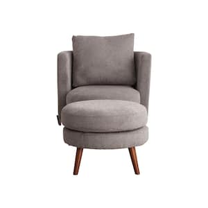 Modern Taupe Polyester Fabric Upholstered Accent Barrel Chair with Ottoman and Throw Pillow