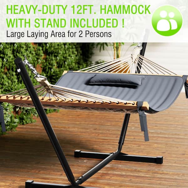 2-Person Dark Gray 12 ft. Heavy-Duty Hammock Bed with Stand and Detachable Pillow, 450 lbs. Capacity