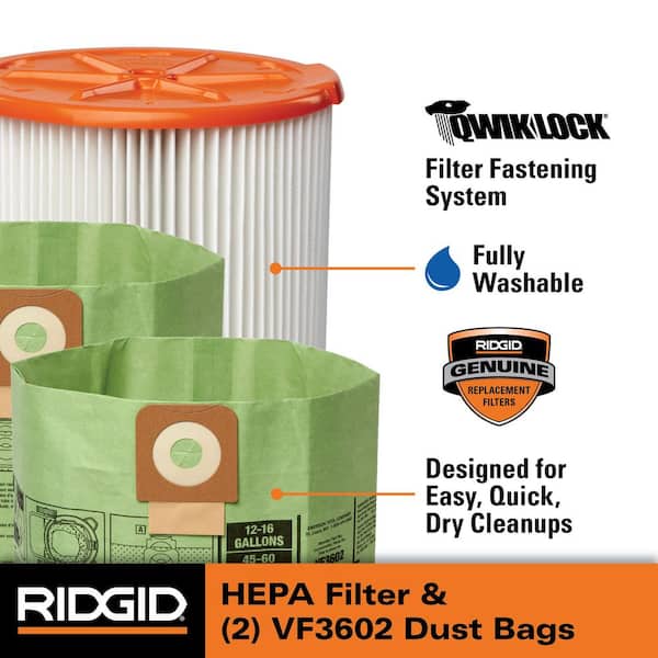 Wet Dry Vac Filter Kit with HEPA Replacement Filter and 2 Cyclonic Dust Bags for Select 12-16 Gallon Shop Vacuums