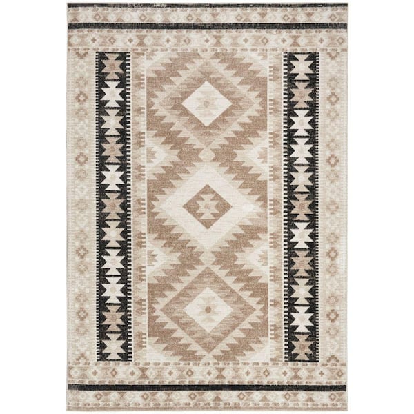 Nourison Washable Decor Beige Black 5 ft. x 7 ft. Center medallion Contemporary Area Rug