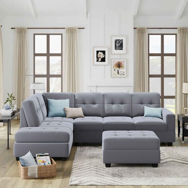 Polibi 104 in. Square Arm Velvet L-Shaped Sofa with Reversible Chaise Lounge in Antique Gray
