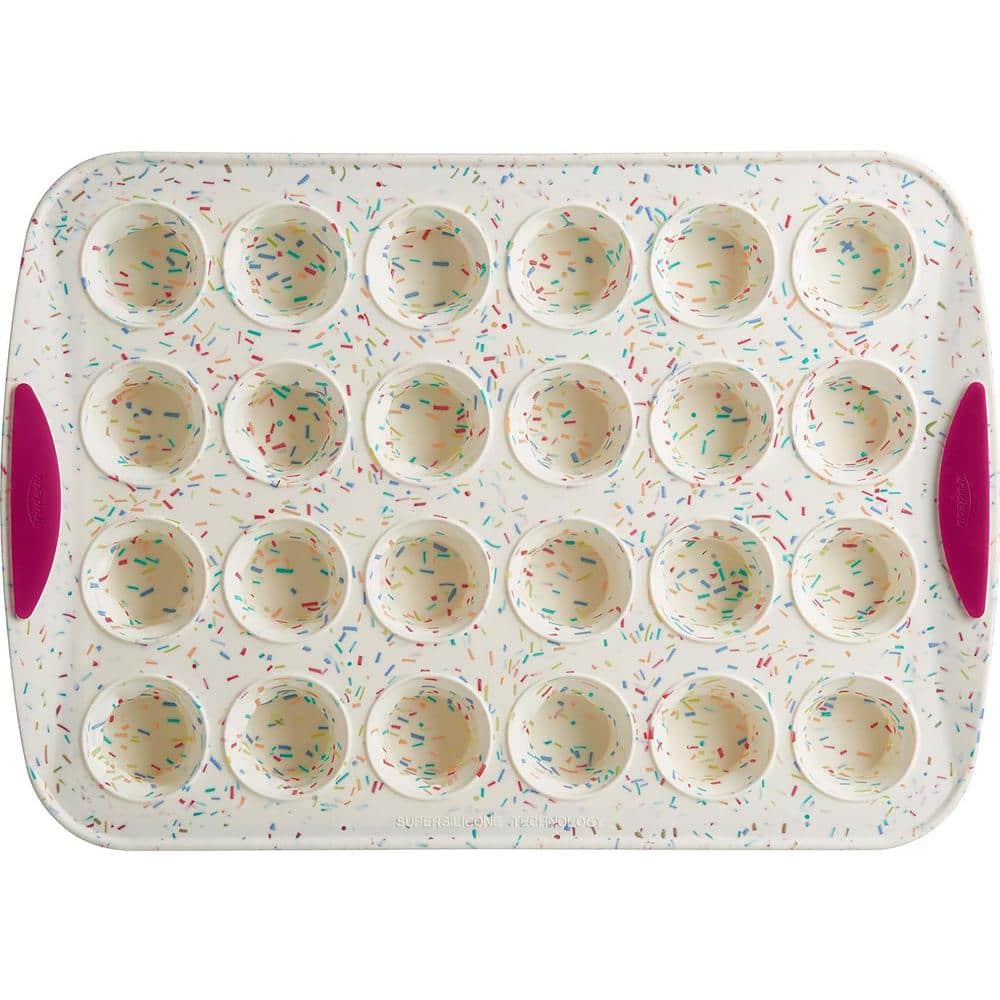 24 Cup Silicone Mini Cupcake and Muffin Pan in Fuchsia Confetti Design with