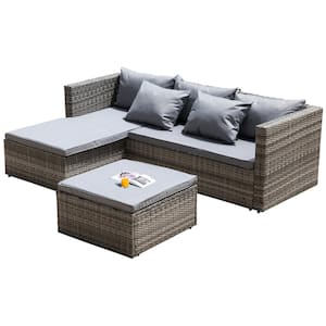 Wicker Charcoal Outdoor Patio Garden Contemporary Sectional Sofa and Ottoman/Coffee Table with Gray Cushion