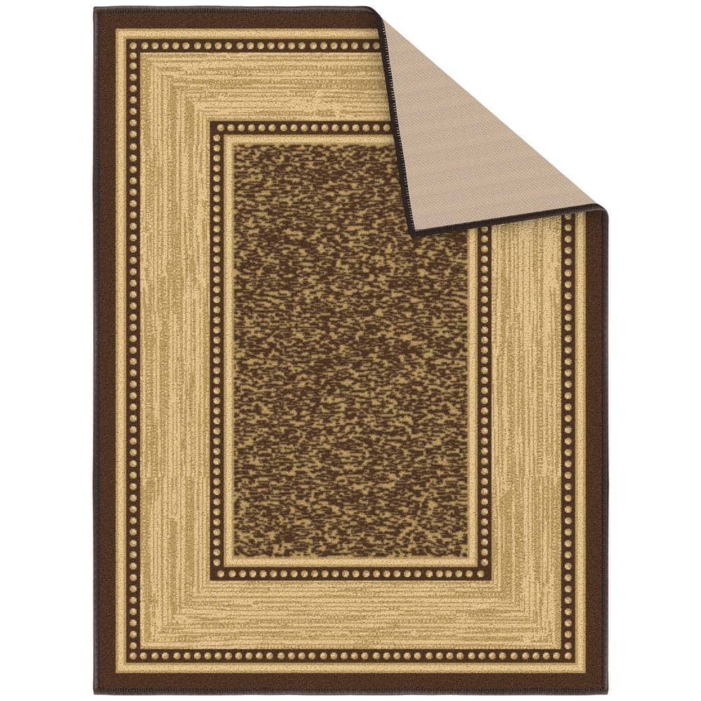 Machine Washable Non-Slip Brown and Beige Synthetic Area Rug