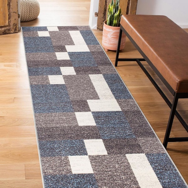 Geometric Boxes Design Non-Slip (Non-Skid) Blue 2 ft. 7 in.  x 12 ft.  Indoor Runner Rug