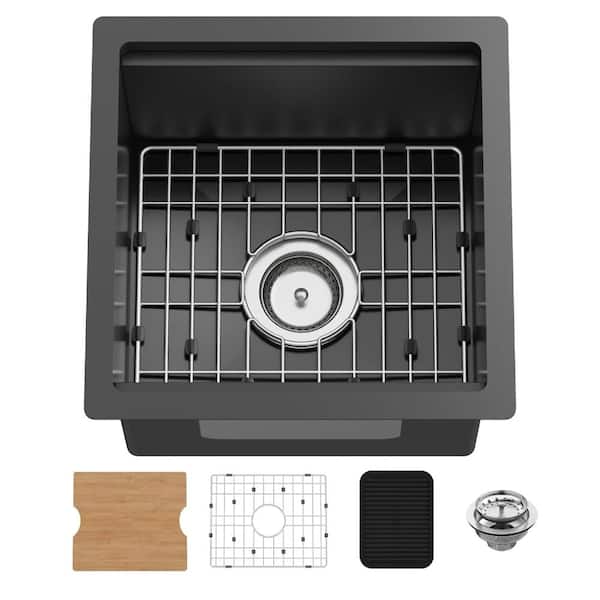 15 in. Undermount Single Bowl Matte Black Workstation Bar Sink with Ledge, Grid, Cutting Board, and Mat